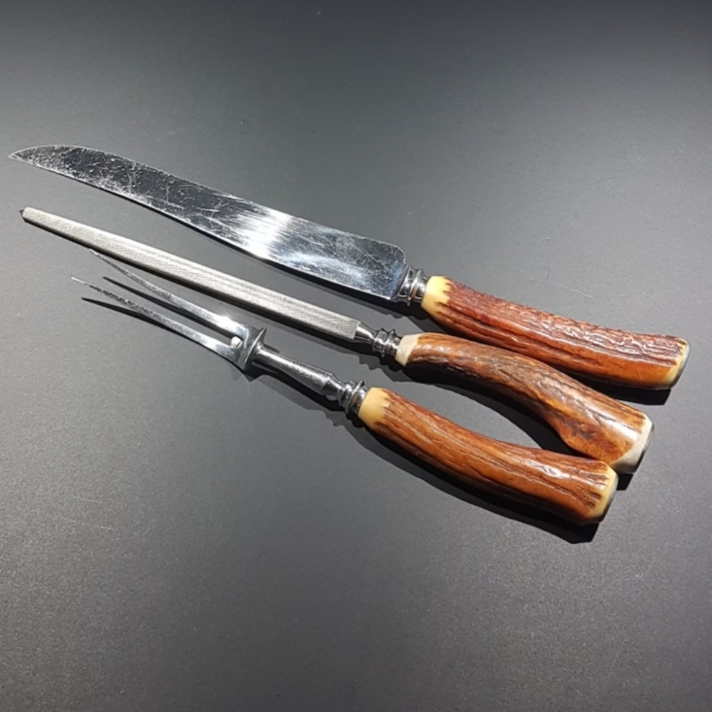 VINTAGE Gregory Bros Sheffield 3 Pc Staghorn Carving Set Real Antler Handle